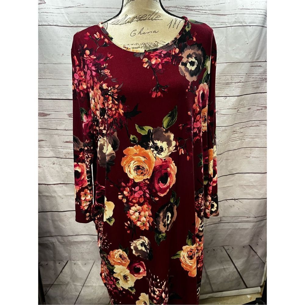 Womens Burgundy Floral Long Sleeve Round Neck Casual Tunic Dress